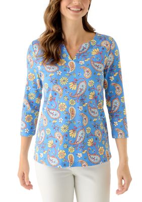 Kim Rogers Women's Split Neck Printed T-Shirt, Blue, Large