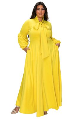 L I V D Women's Plus Size Bella Donna Dress with Ribbon and Bishop Sleeves, Yellow, 3X