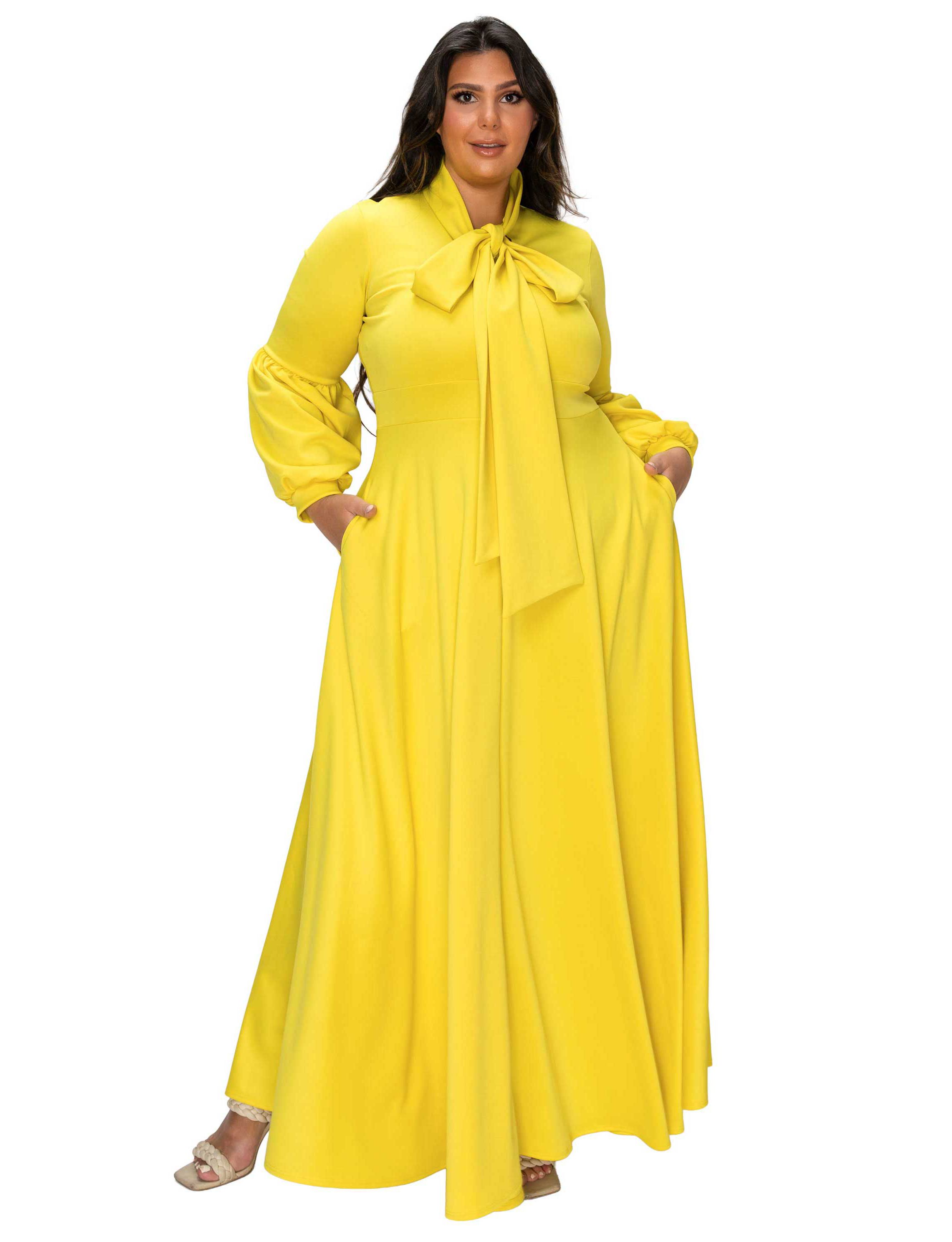 yellow dress plus size women Sadie Tank Neck Plus Size Evening Dress Long Sleeves with Belt Mermaid Satin Ruffles Prom Dresses