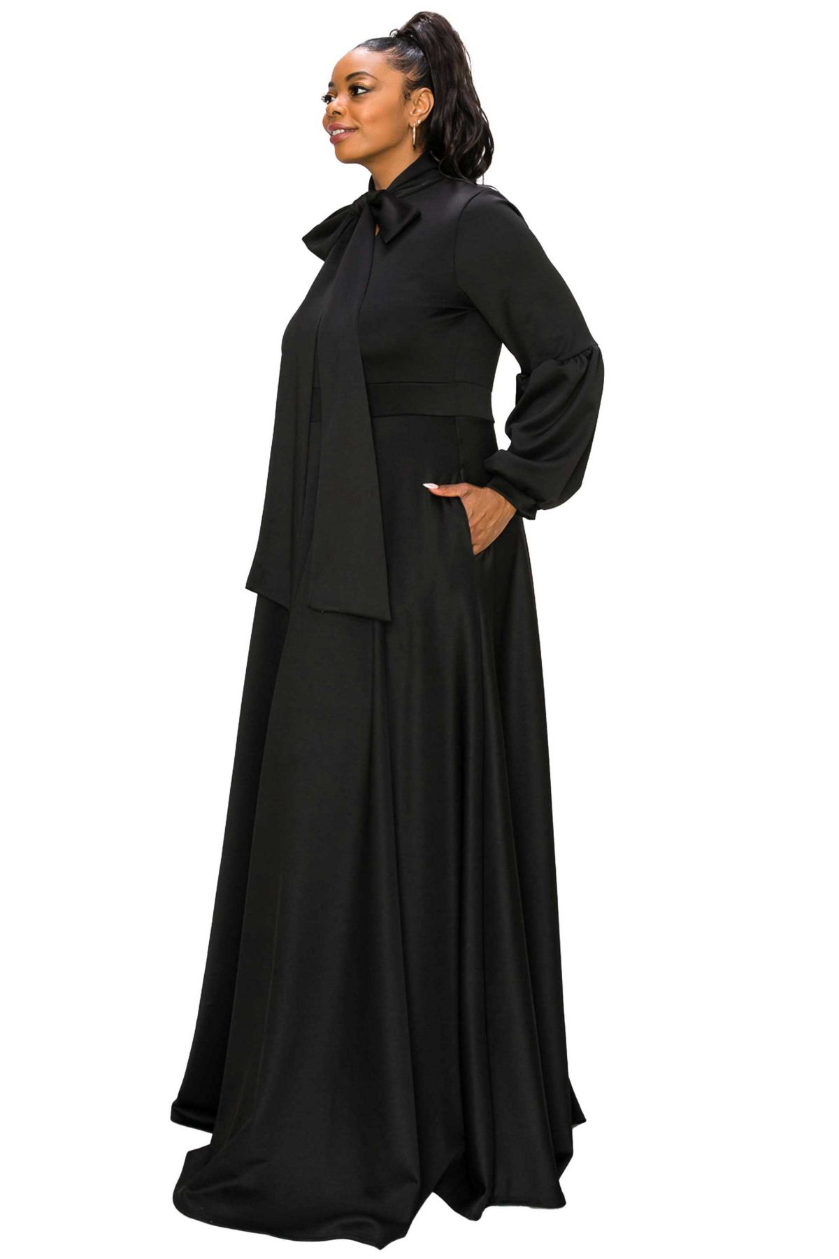 Plus Size Bella Donna Dress with Ribbon and Bishop Sleeves