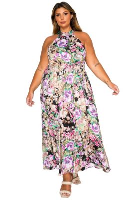 L I V D Women's Plus Size Bryony Floral Halter Neck Dress, Black, 1X