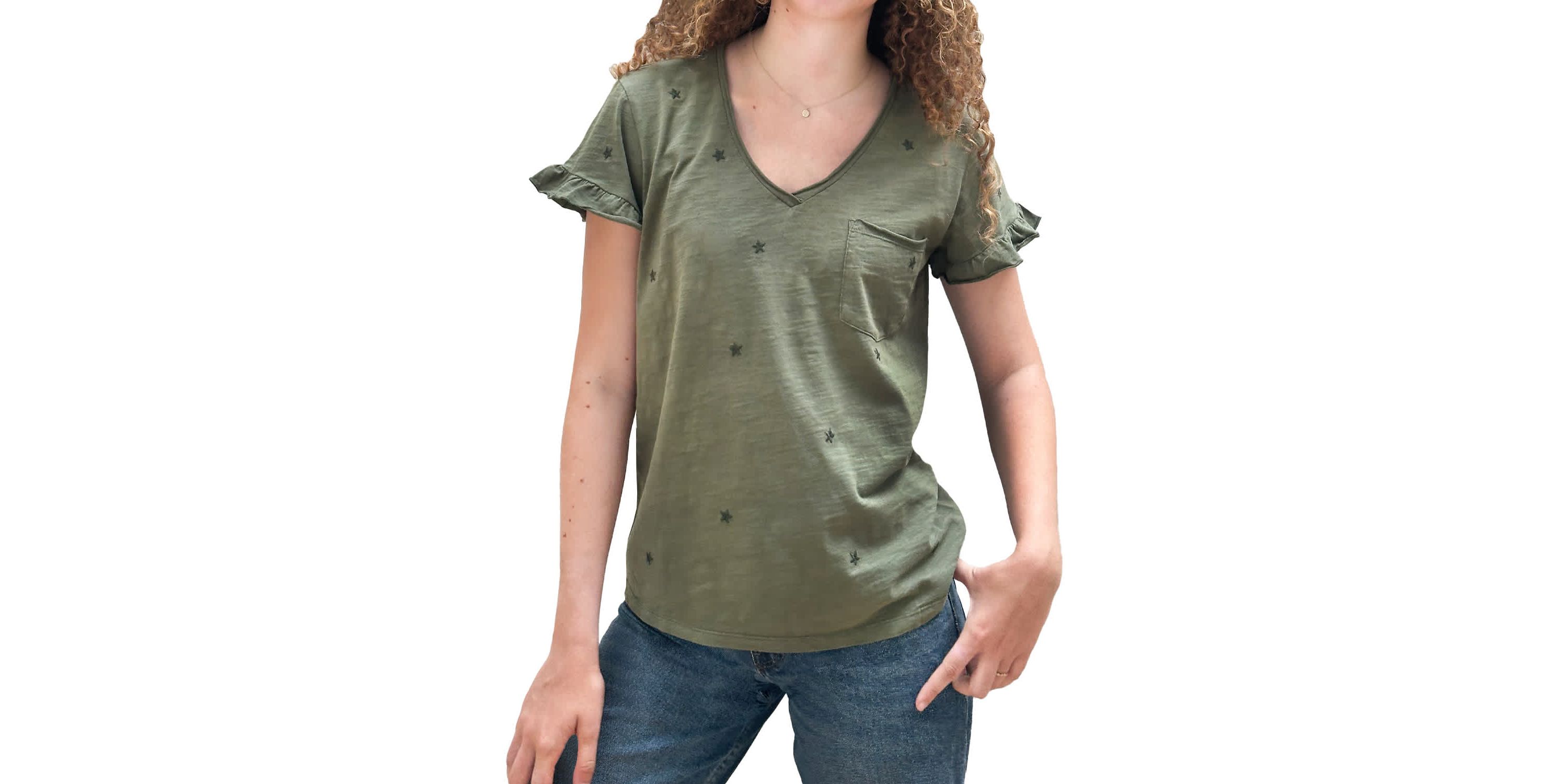 Black Star Emb V Neck Ruffle Tee