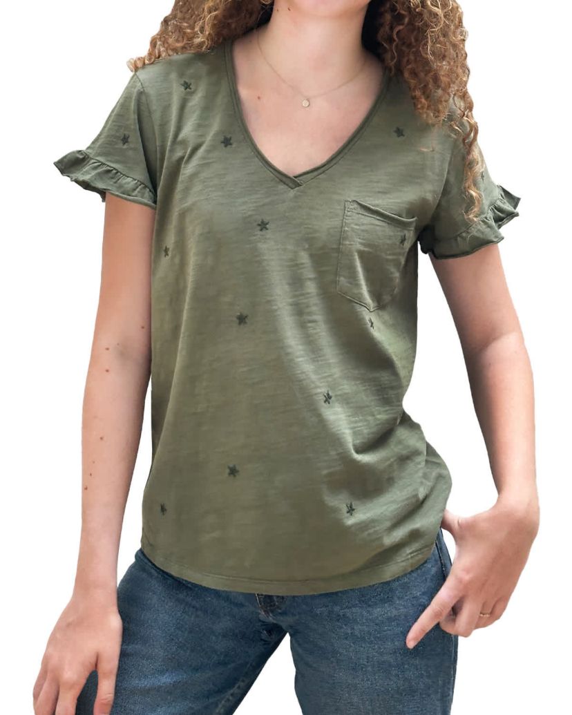 Black Star Emb V Neck Ruffle Tee