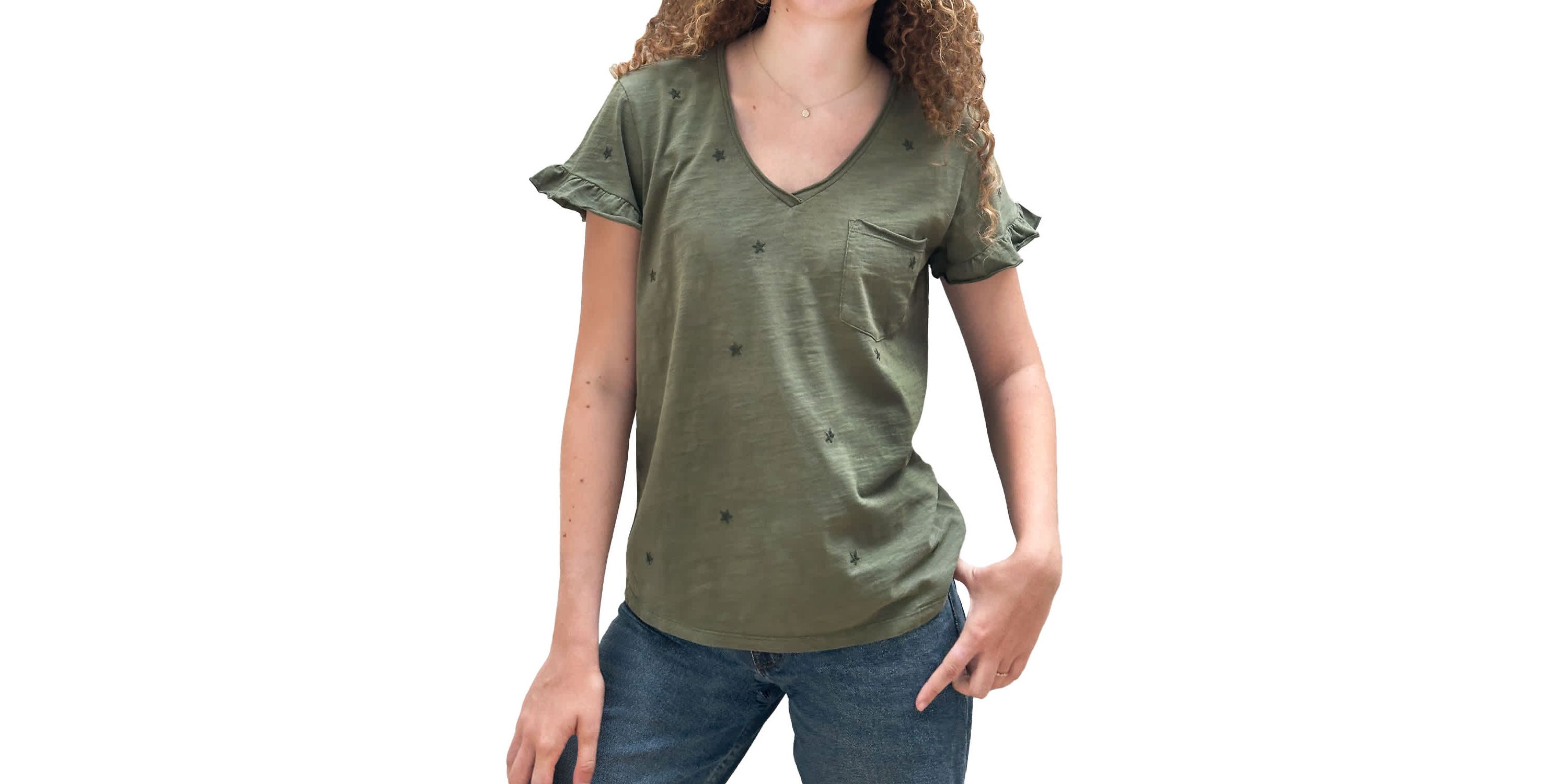 Black Star Emb V Neck Ruffle Tee