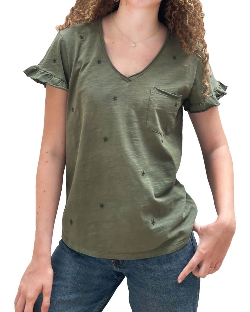 Black Star Emb V Neck Ruffle Tee