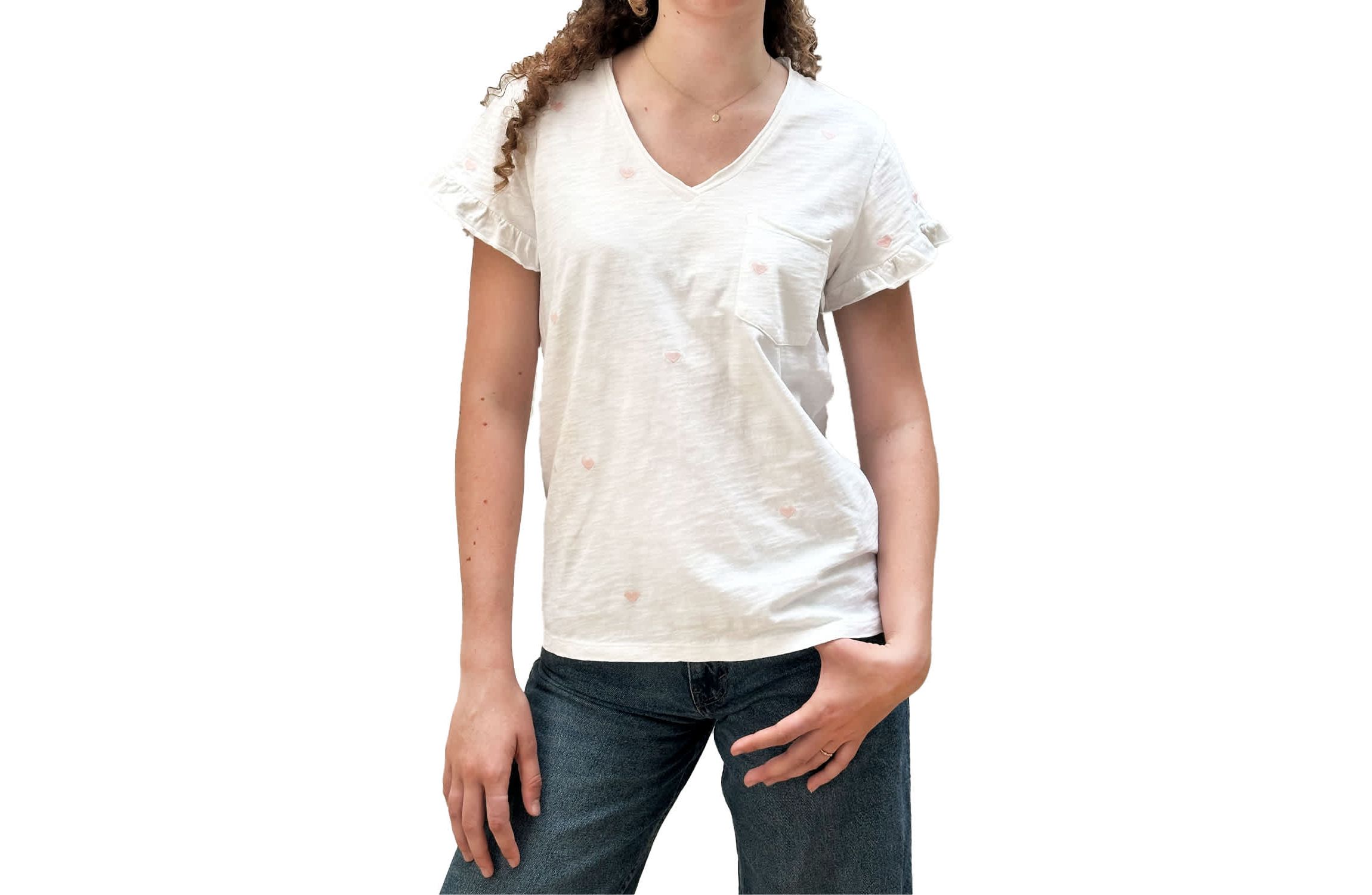 Hearts Emb Ruffle V Neck Tee