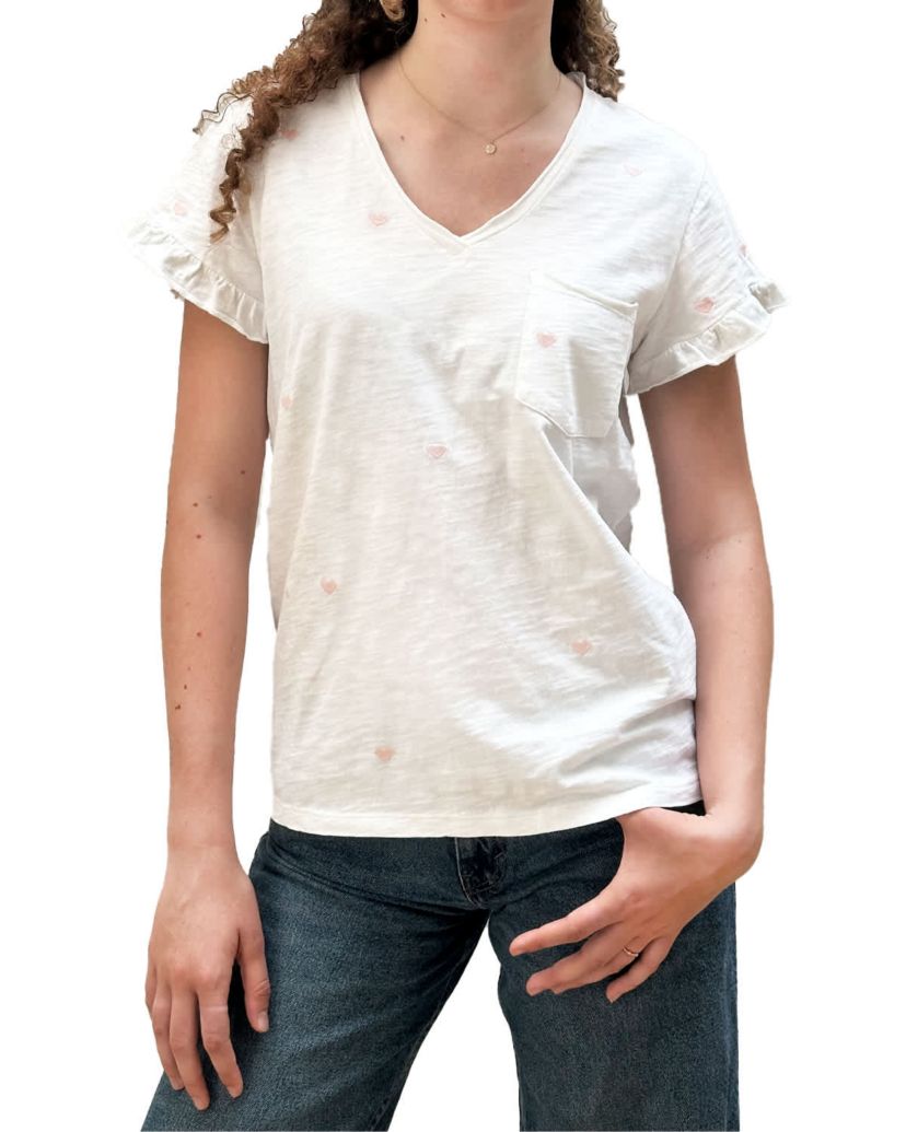 Hearts Emb Ruffle V Neck Tee