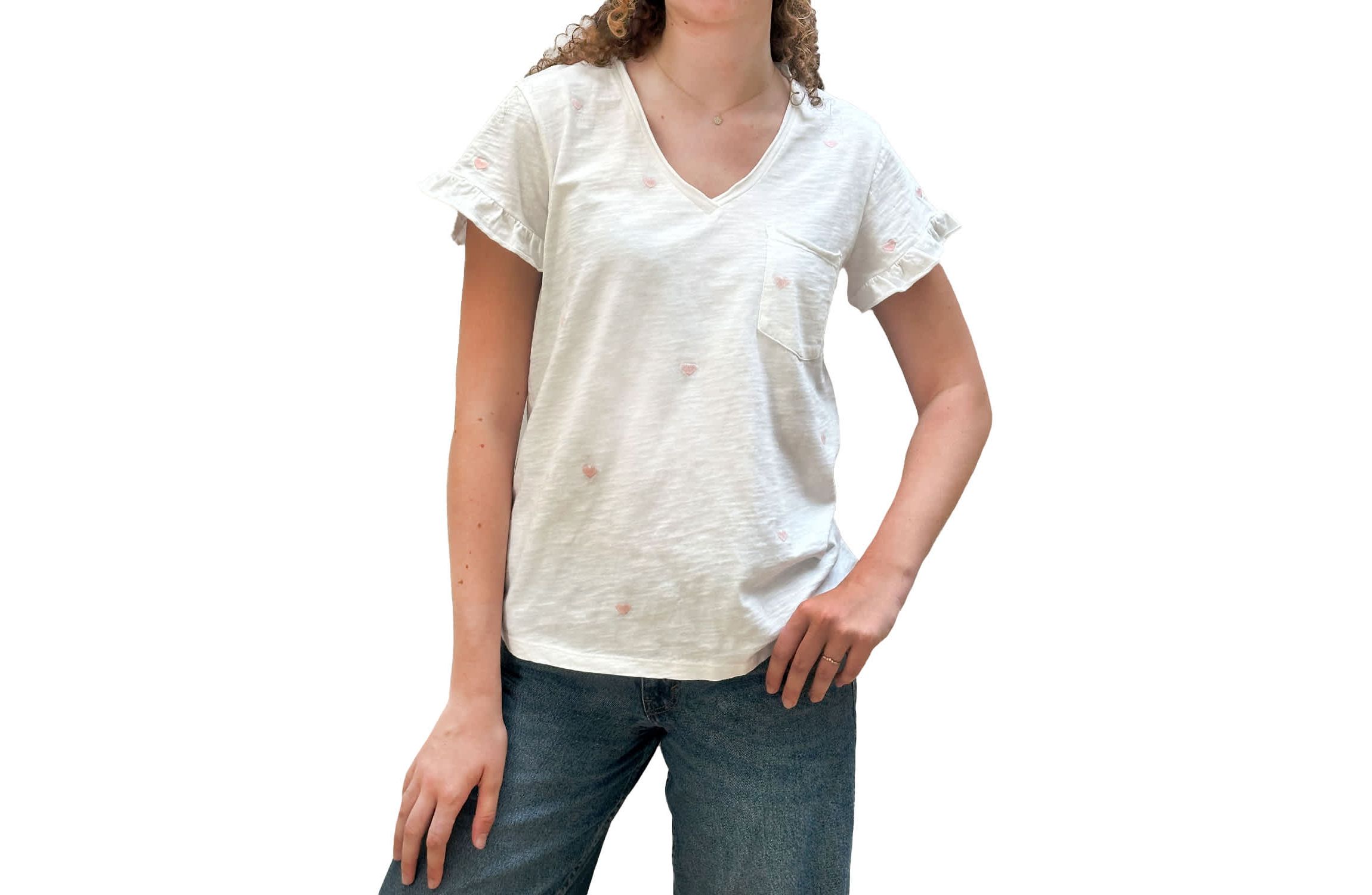 Hearts Emb Ruffle V Neck Tee