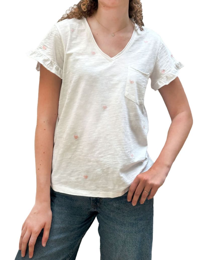 Hearts Emb Ruffle V Neck Tee