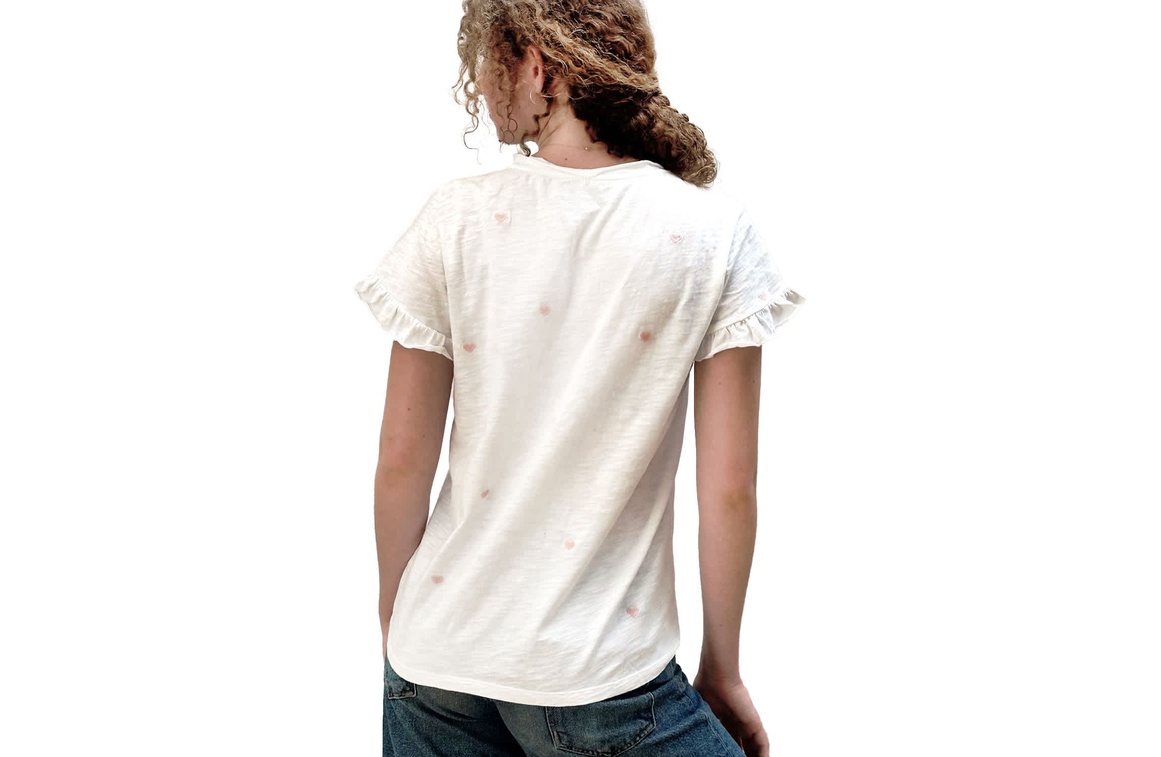 Hearts Emb Ruffle V Neck Tee