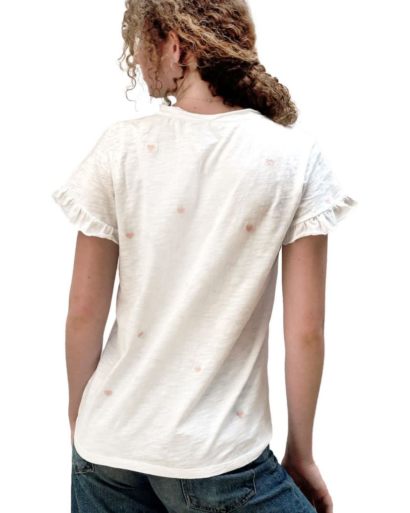 Hearts Emb Ruffle V Neck Tee