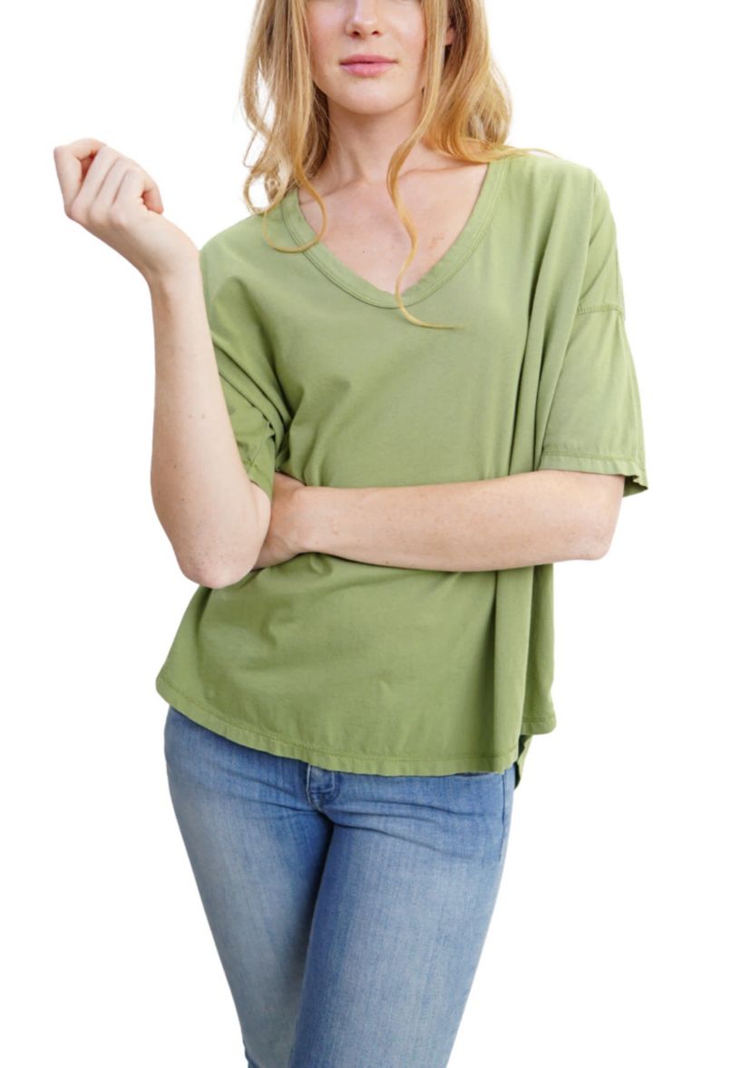 Cotton Jersey V Neck Elbow Sleeve