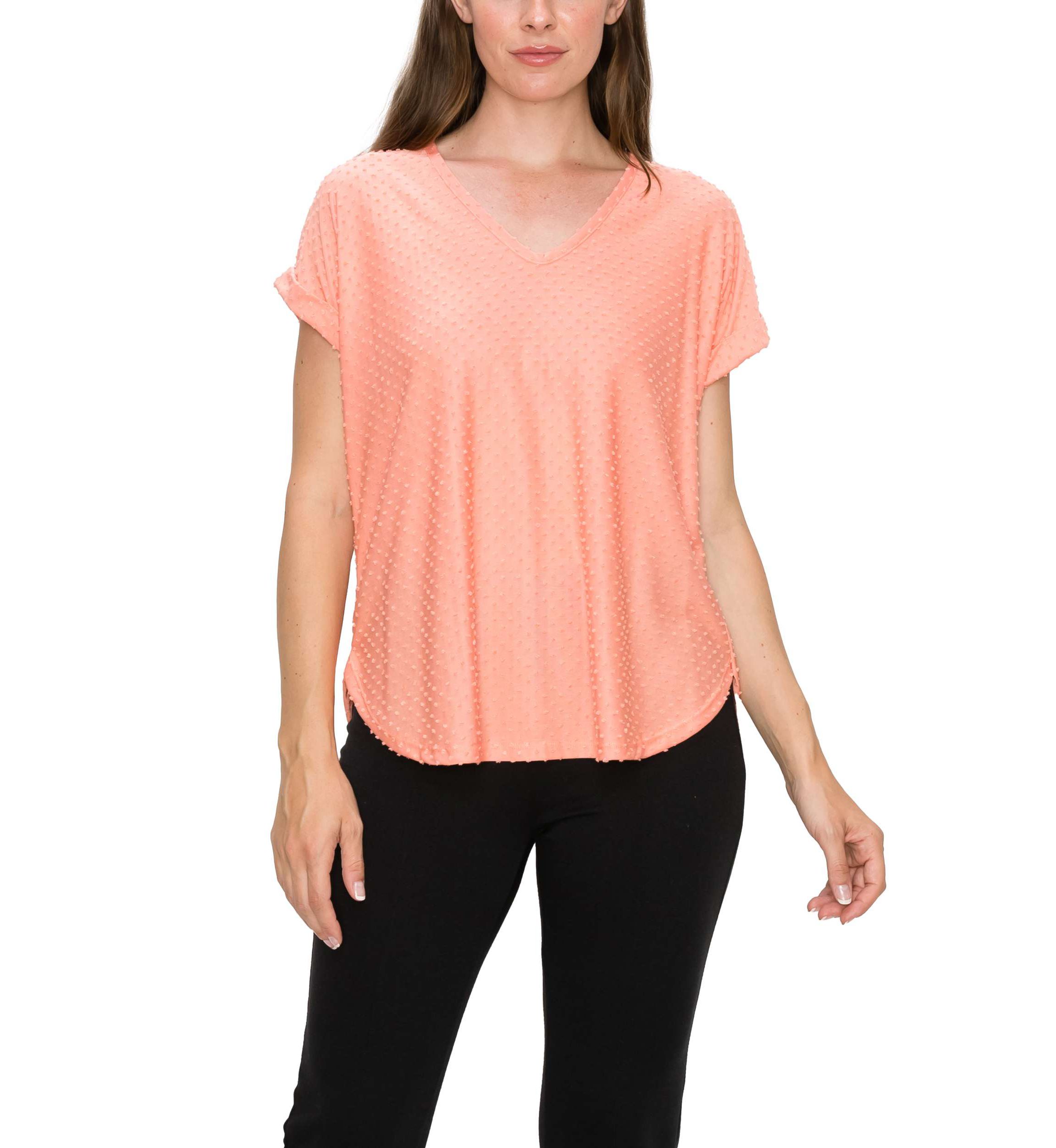 Swiss Dot Jersey V Neck Rolled Sleeve