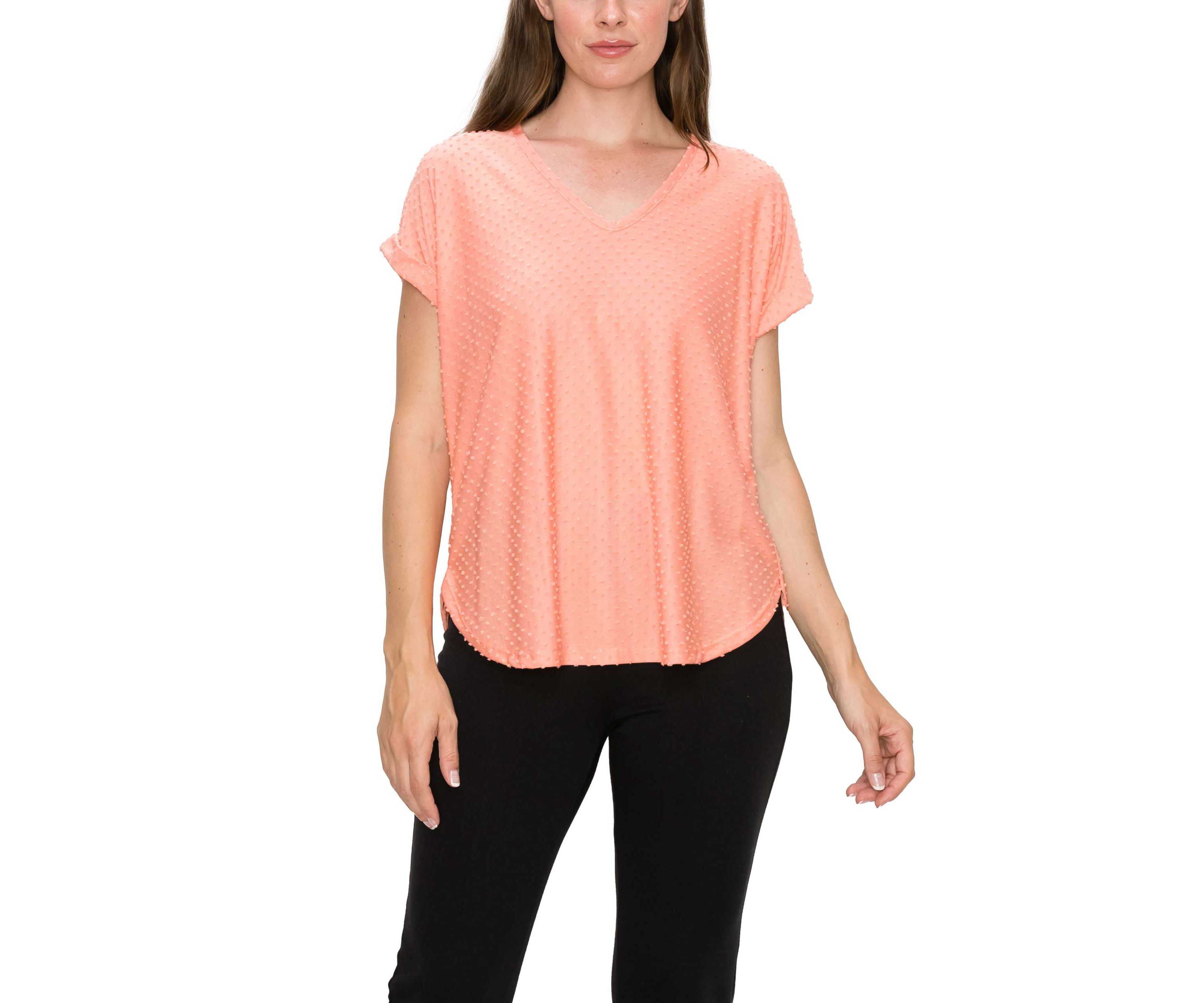 Swiss Dot Jersey V Neck Rolled Sleeve