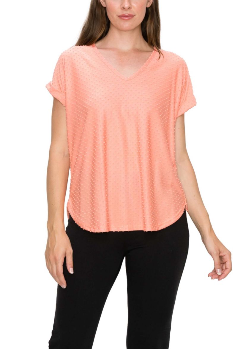 Swiss Dot Jersey V Neck Rolled Sleeve