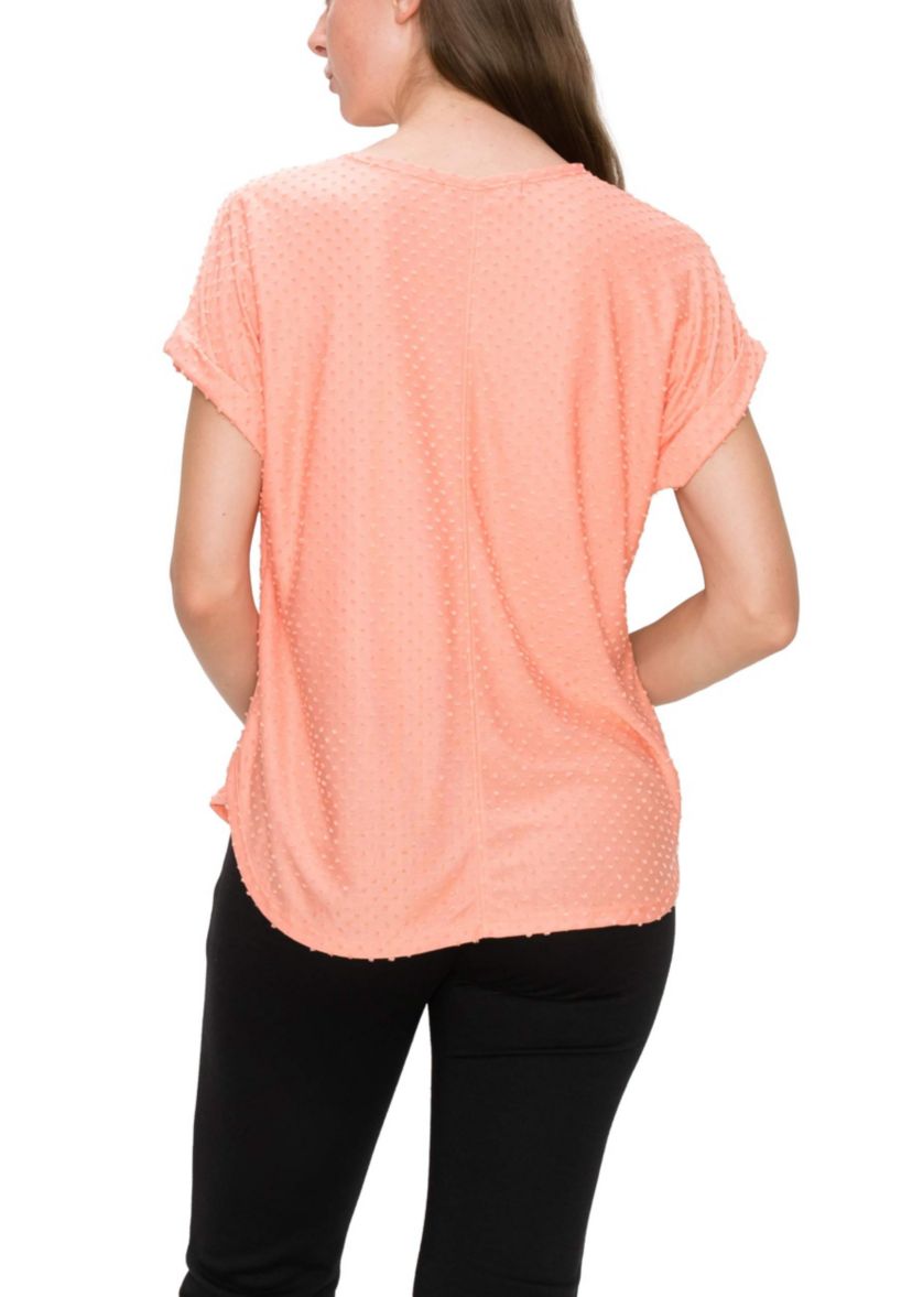 Swiss Dot Jersey V Neck Rolled Sleeve