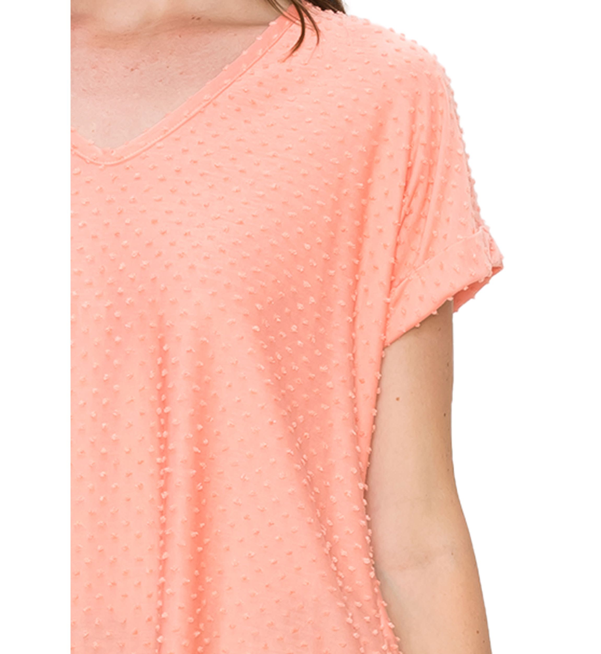 Swiss Dot Jersey V Neck Rolled Sleeve