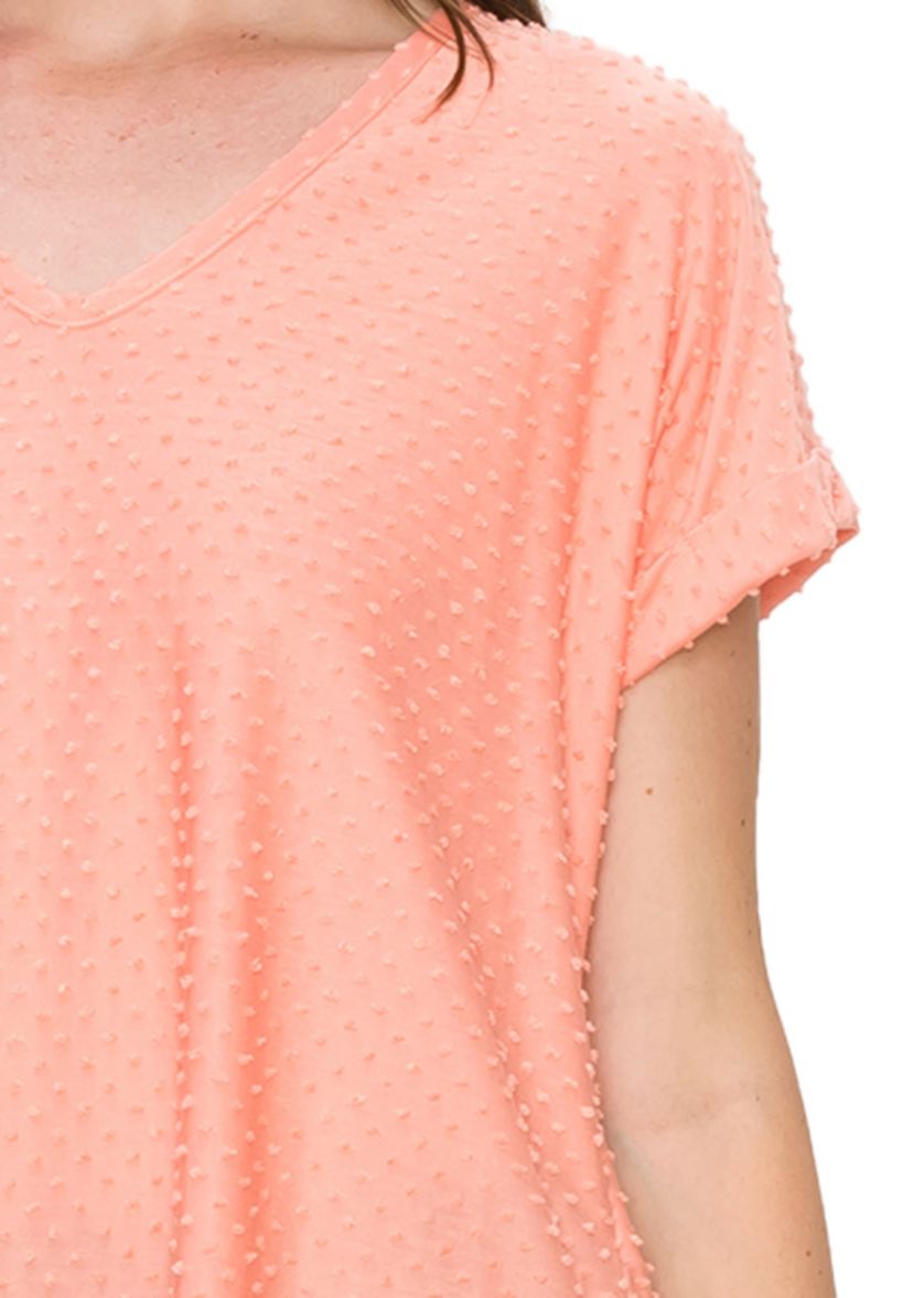 Swiss Dot Jersey V Neck Rolled Sleeve