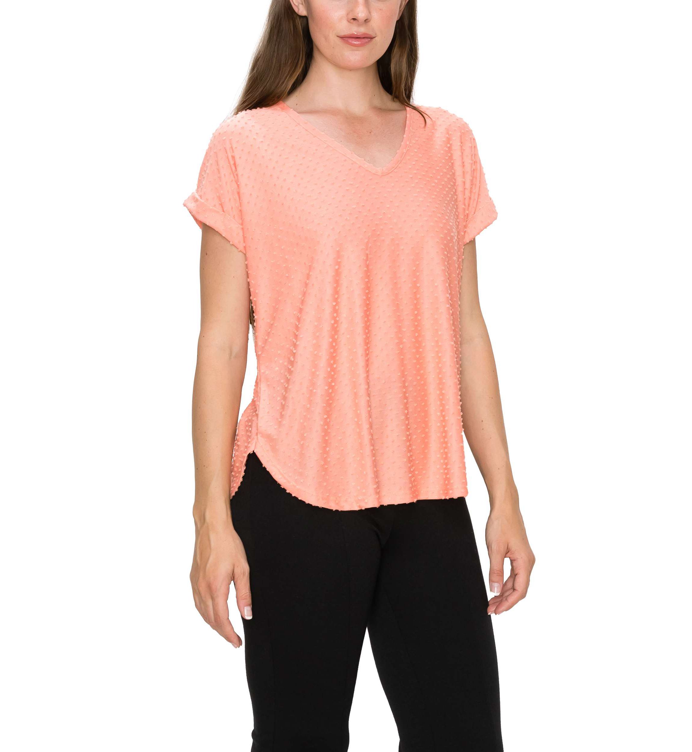 Swiss Dot Jersey V Neck Rolled Sleeve