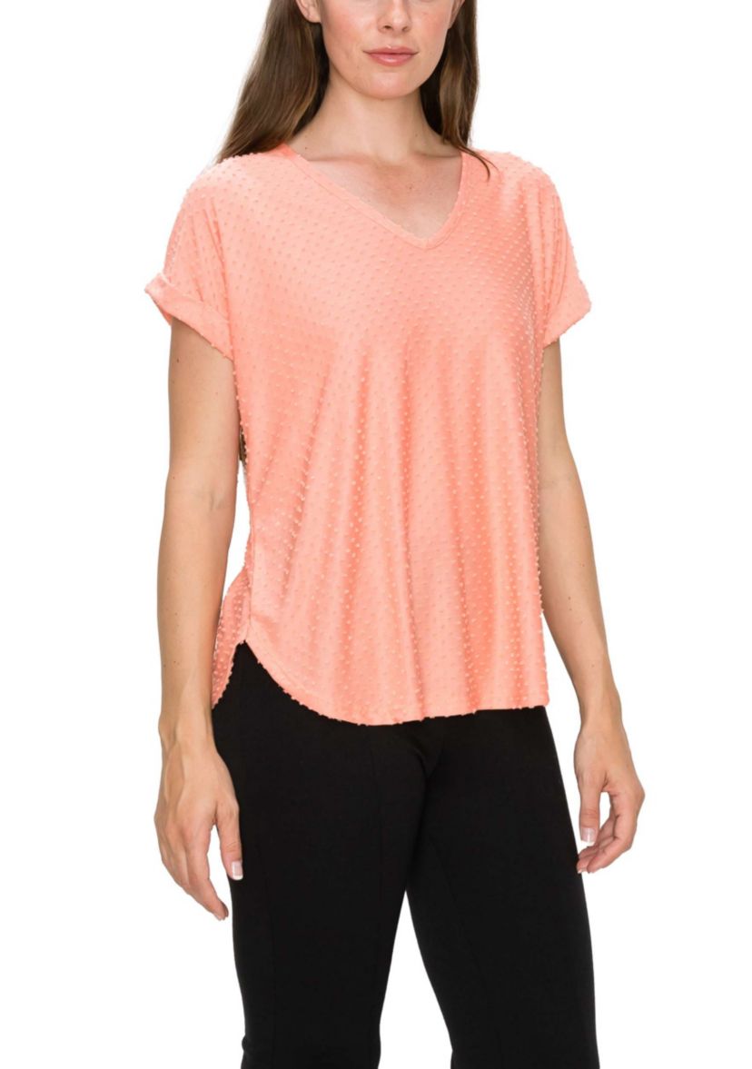 Swiss Dot Jersey V Neck Rolled Sleeve