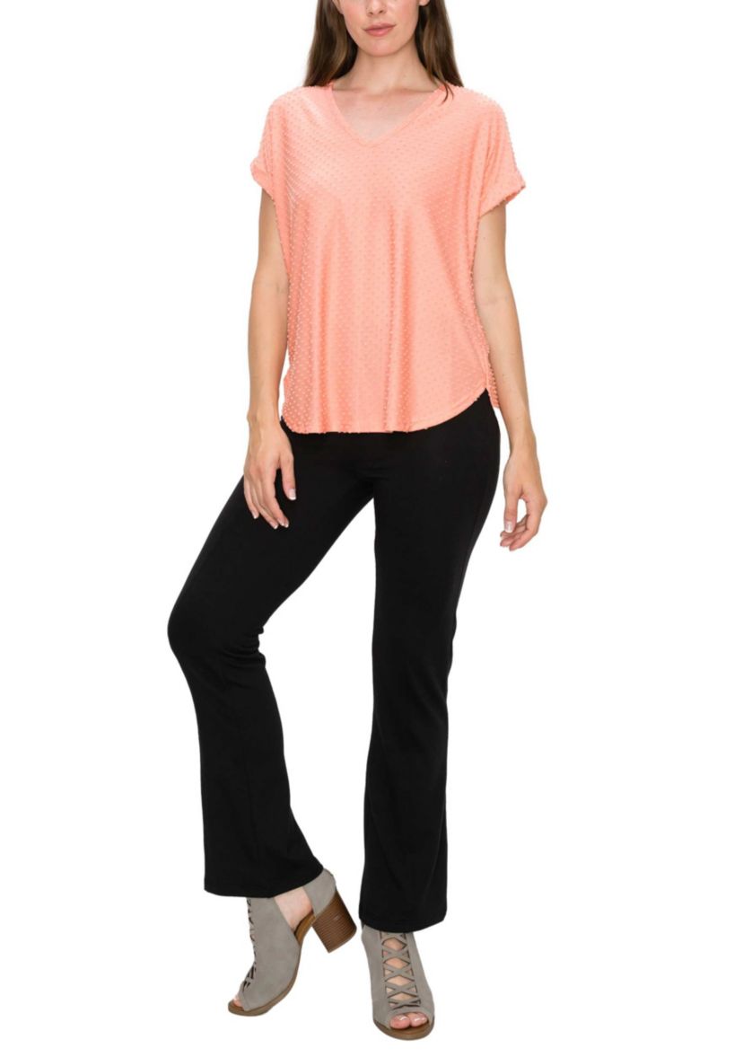 Swiss Dot Jersey V Neck Rolled Sleeve