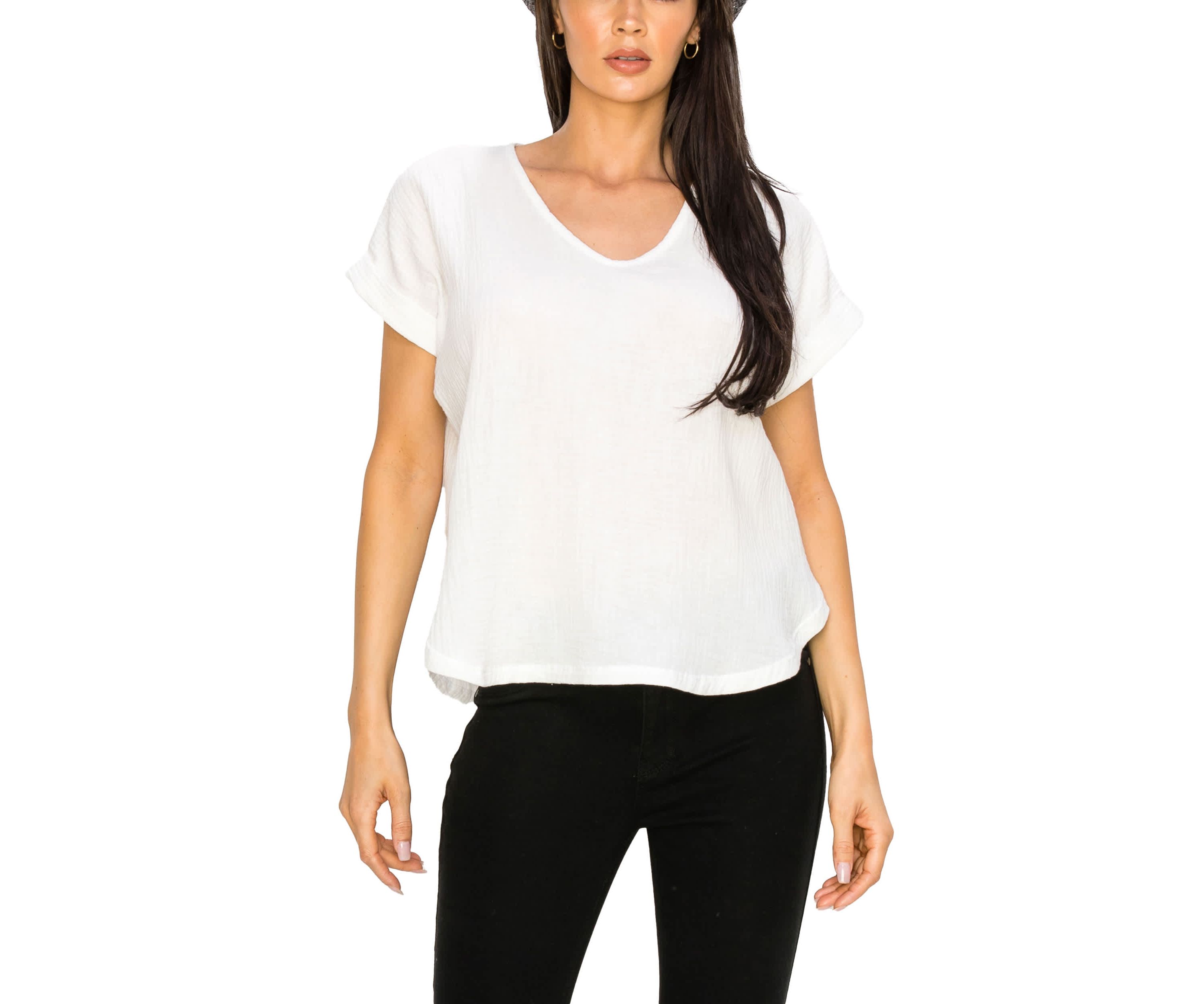 Fluffy Gauze V Neck Rolled Sleeve