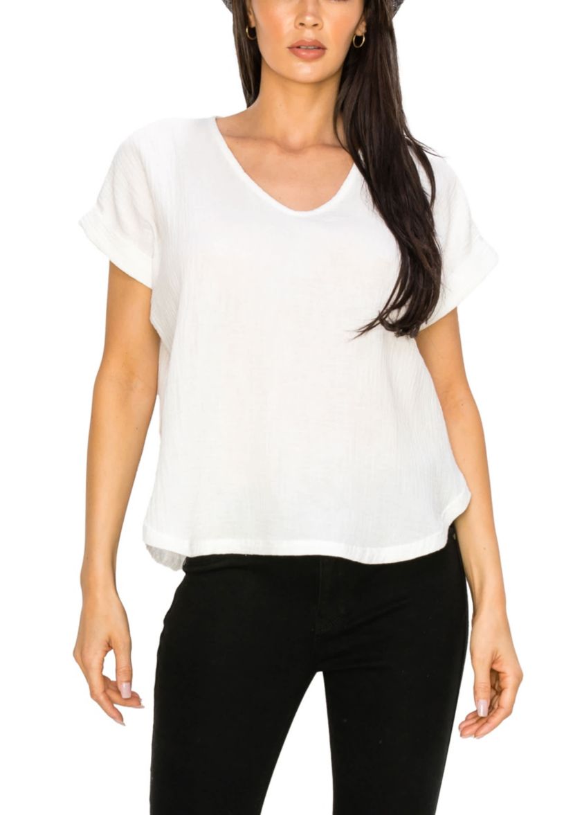 Fluffy Gauze V Neck Rolled Sleeve