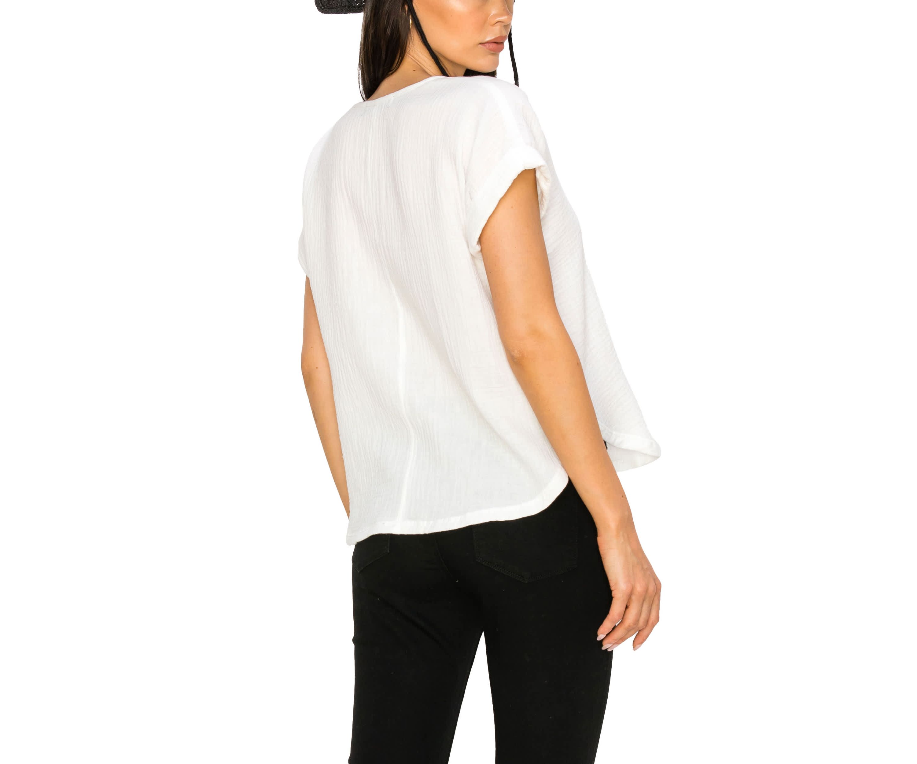 Fluffy Gauze V Neck Rolled Sleeve