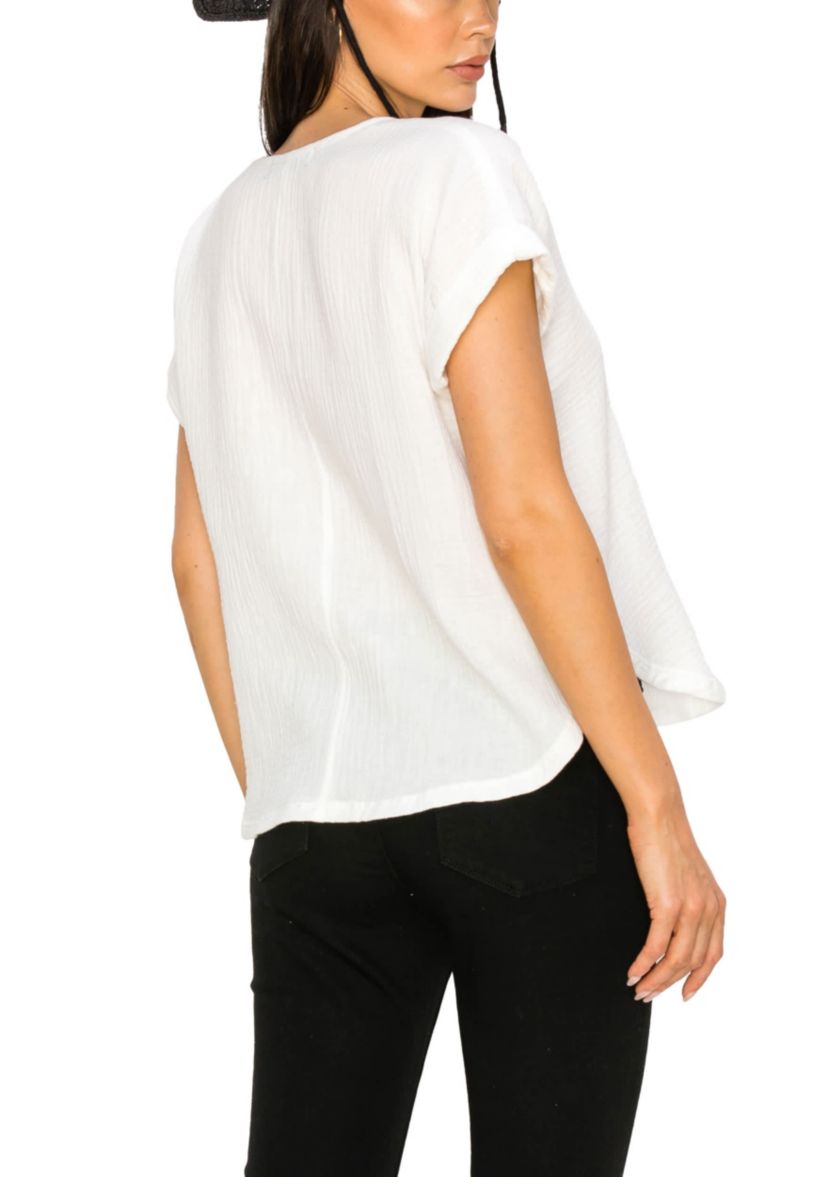 Fluffy Gauze V Neck Rolled Sleeve