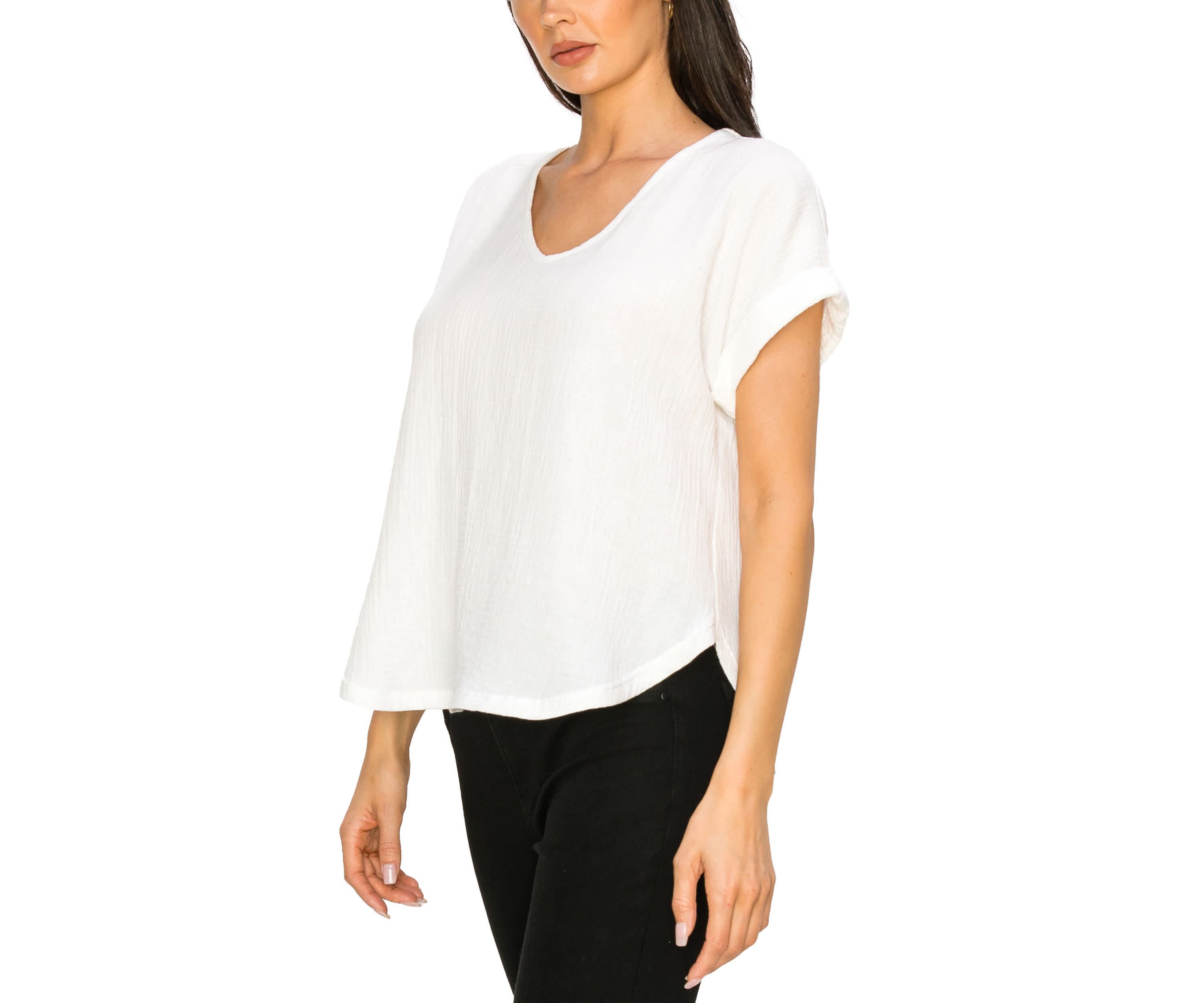 Fluffy Gauze V Neck Rolled Sleeve