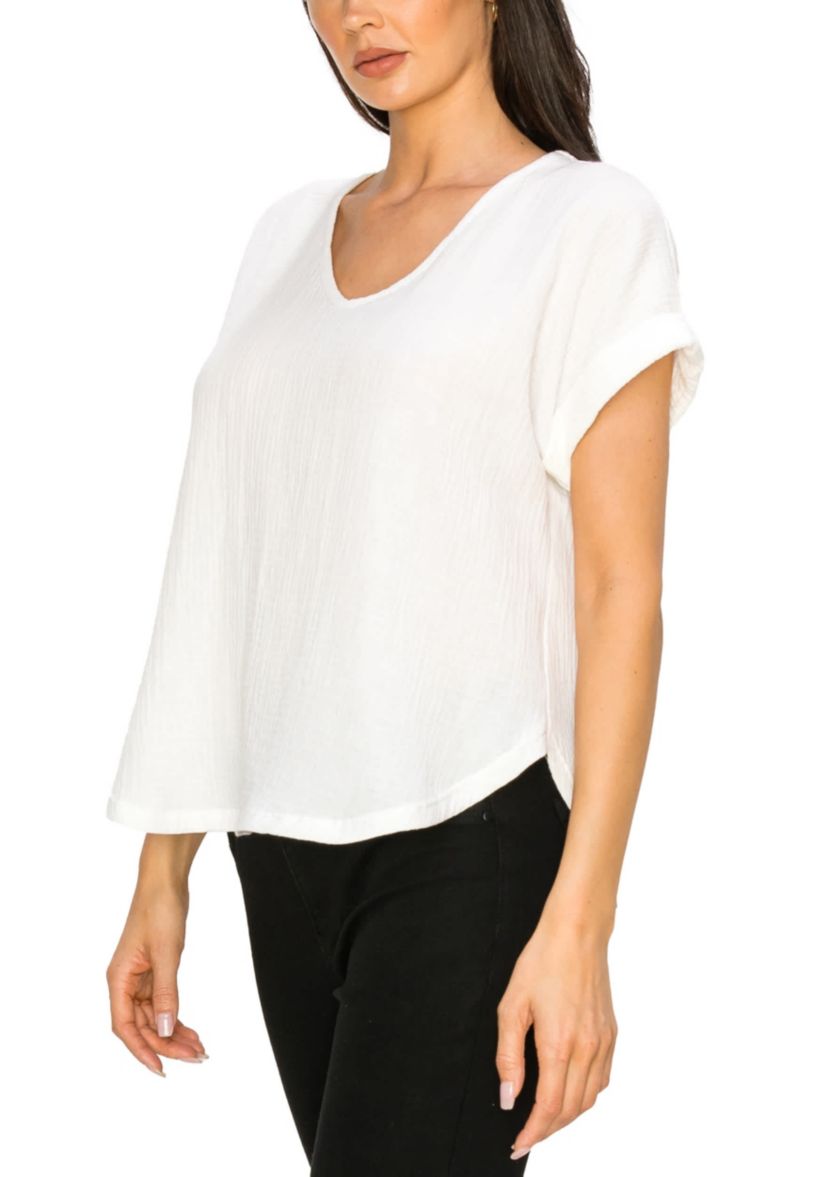 Fluffy Gauze V Neck Rolled Sleeve