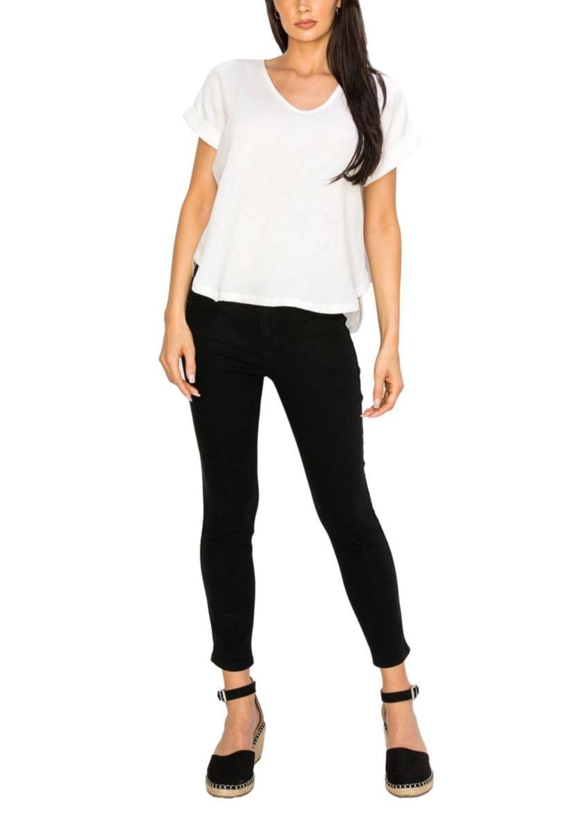 Fluffy Gauze V Neck Rolled Sleeve