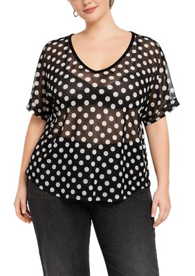 COIN1804 Women's Polka Dot Mesh V Neck Roll Sleeve, 3X