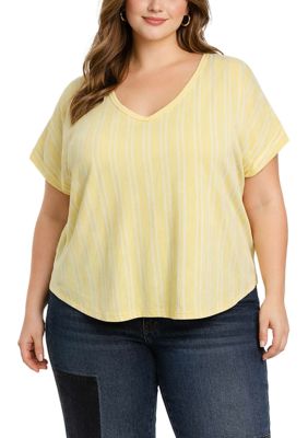 COIN1804 Women's Cotton Mix Vertical Stripe V Neck Roll Sleeve, 2X