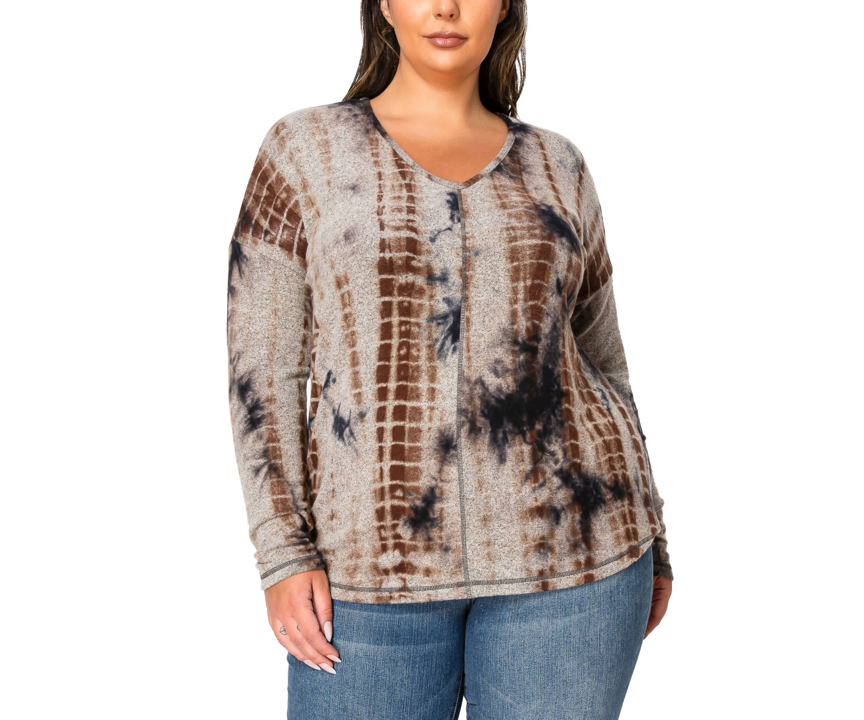 Hand Tie Dye Cozy V Neck Seam Front Dolman Long Sleeve