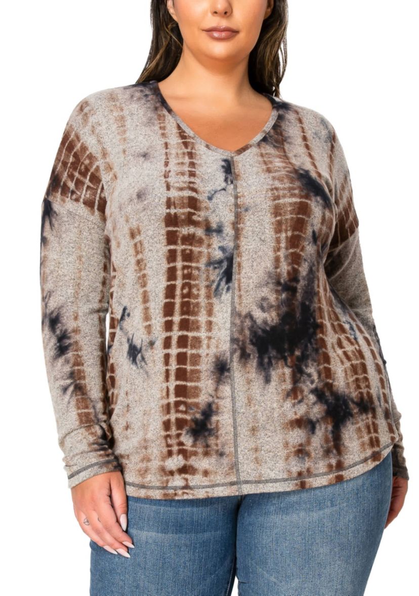 Hand Tie Dye Cozy V Neck Seam Front Dolman Long Sleeve