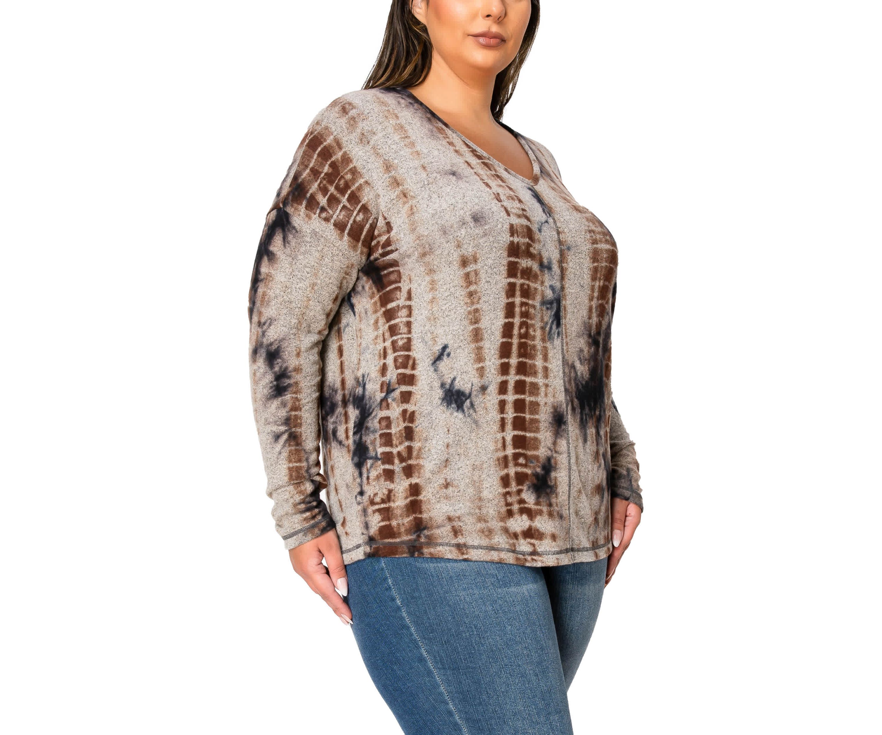 Hand Tie Dye Cozy V Neck Seam Front Dolman Long Sleeve