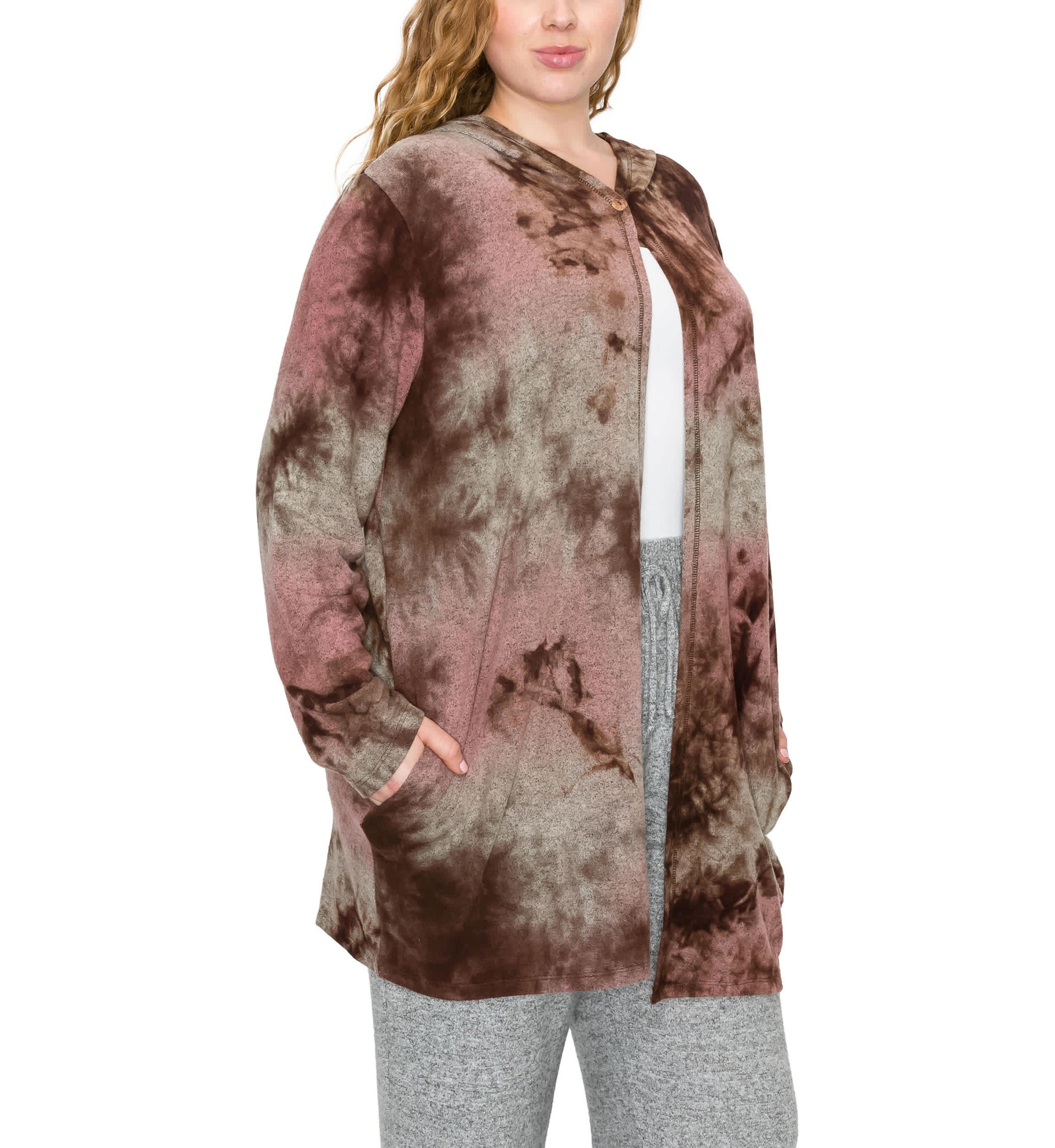 Hand Tie Dye Cozy One Button Hoodie Pocket Cardi