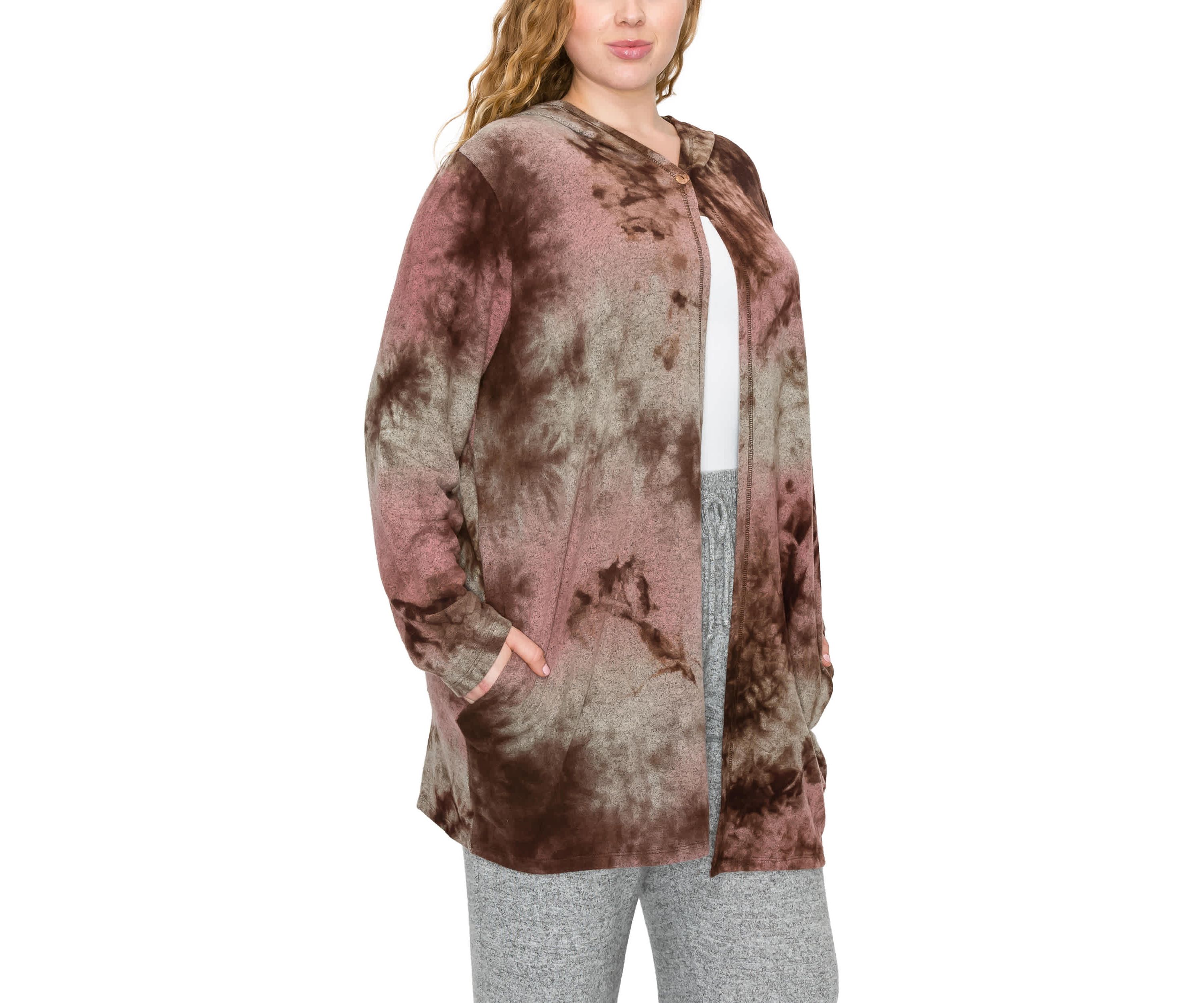 Hand Tie Dye Cozy One Button Hoodie Pocket Cardi