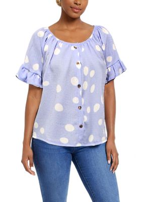 COIN1804 Women's Polka Dot Crinkle Knit Button Front Ruffle Sleeve, XL