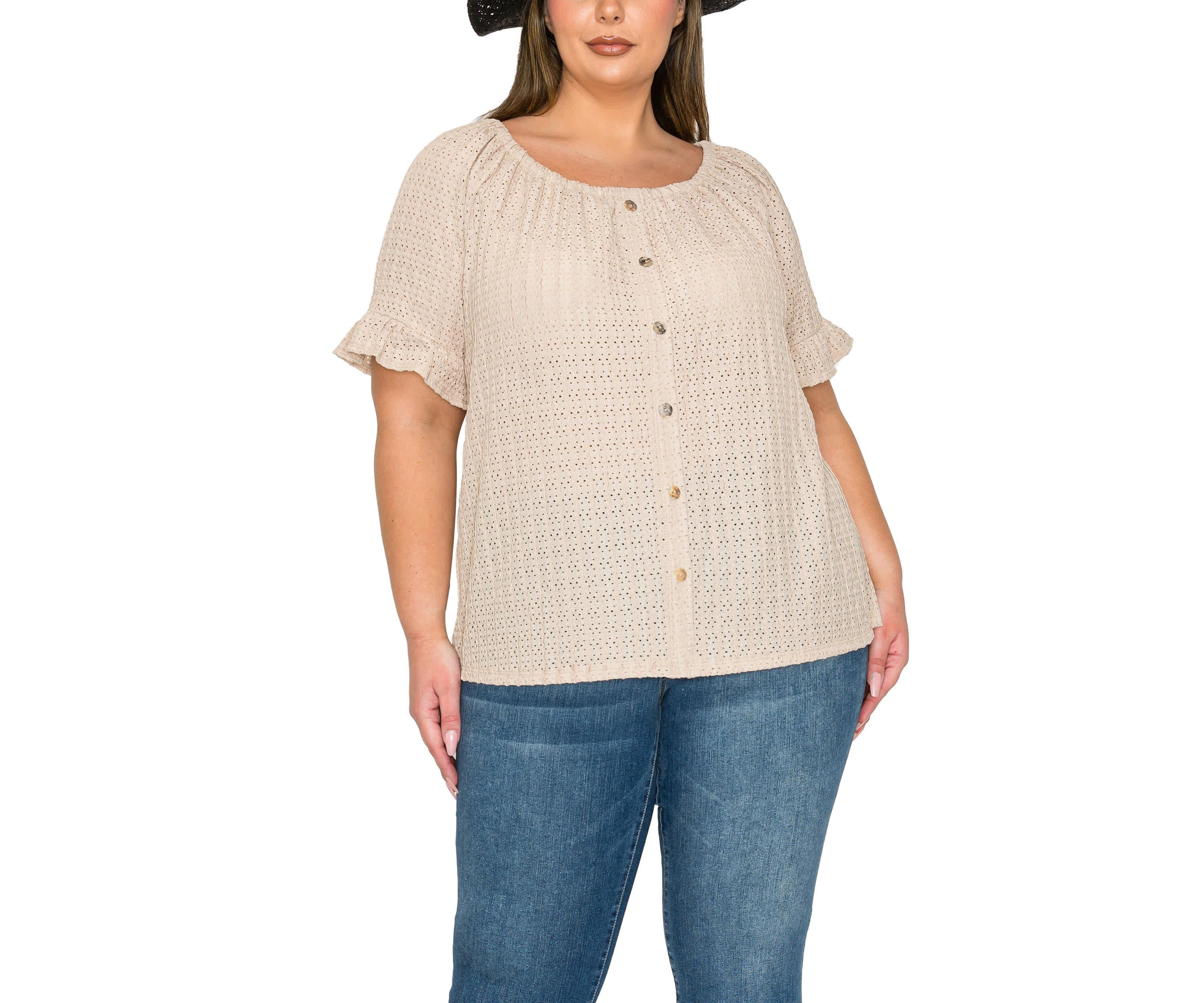 Eyelet Jersey Button Front Ruffle Sleeve Peasant