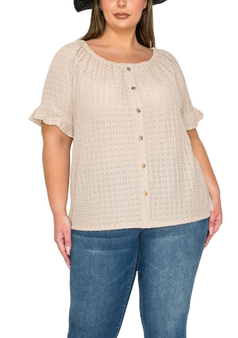 Eyelet Jersey Button Front Ruffle Sleeve Peasant