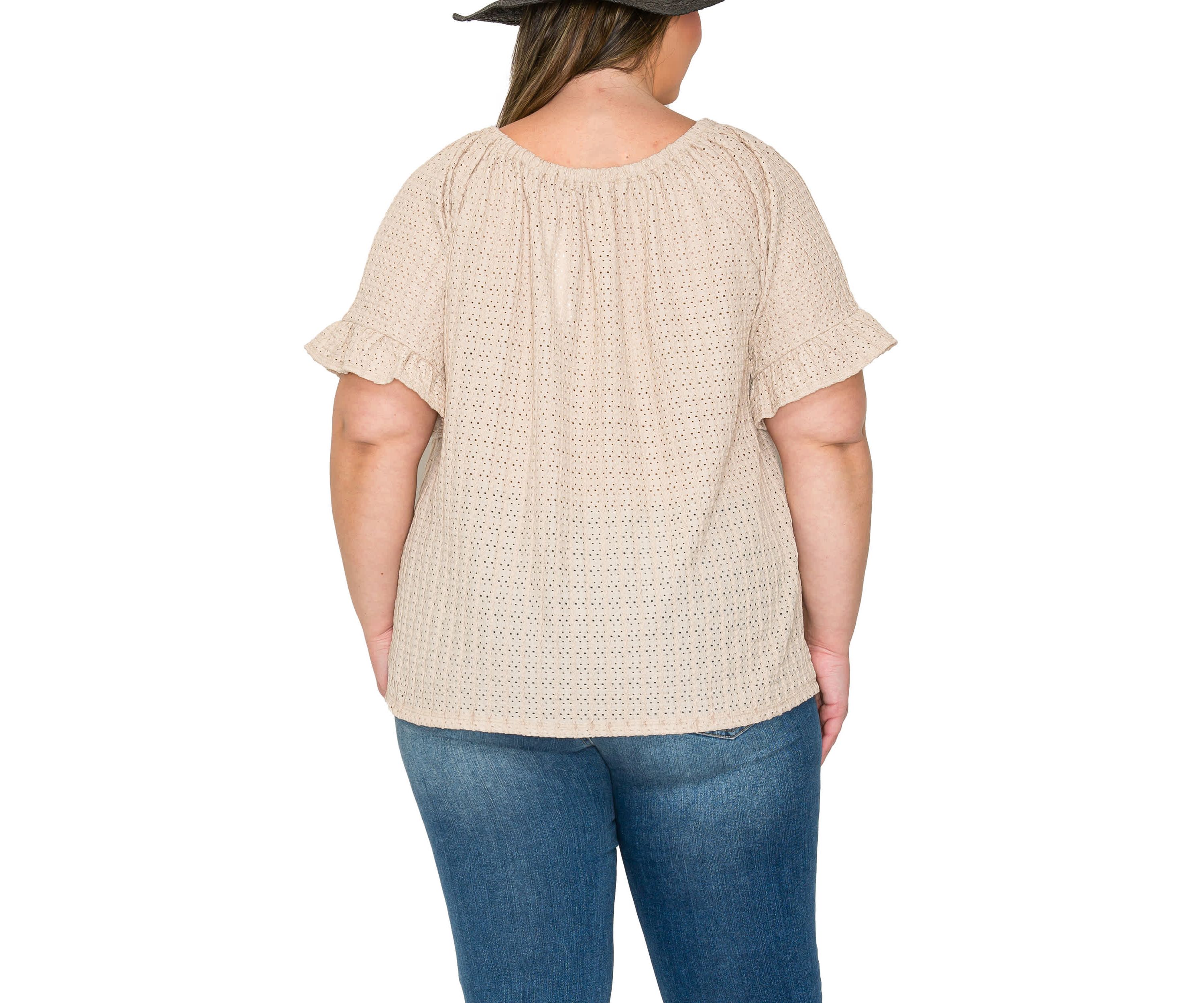 Eyelet Jersey Button Front Ruffle Sleeve Peasant