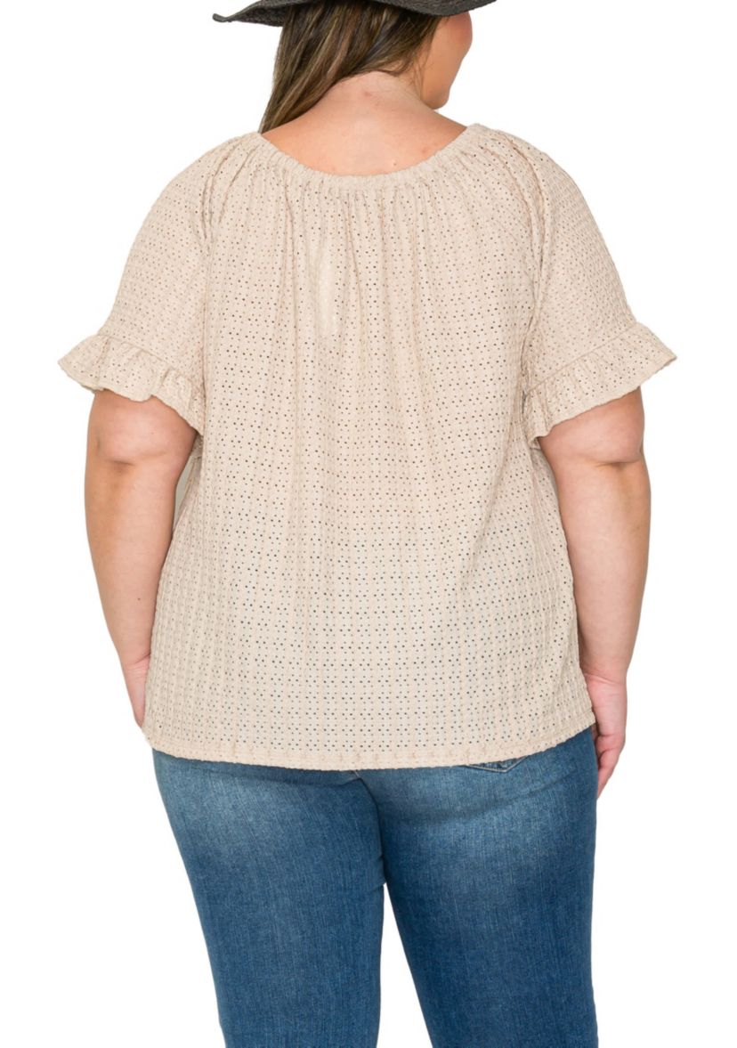 Eyelet Jersey Button Front Ruffle Sleeve Peasant
