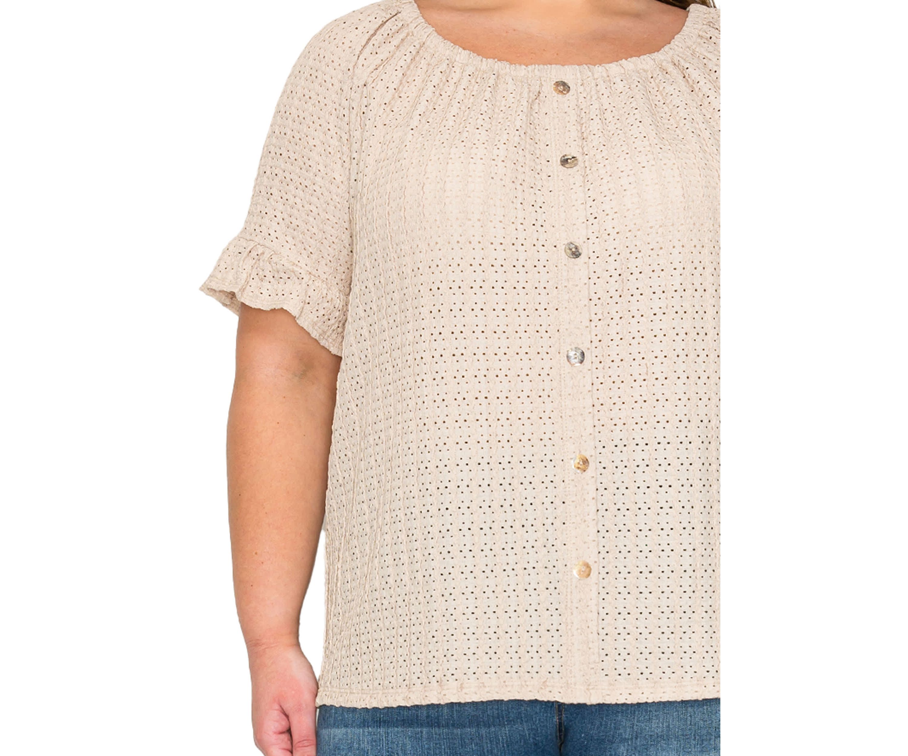 Eyelet Jersey Button Front Ruffle Sleeve Peasant