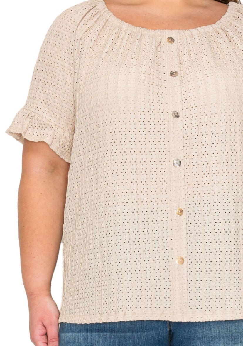 Eyelet Jersey Button Front Ruffle Sleeve Peasant
