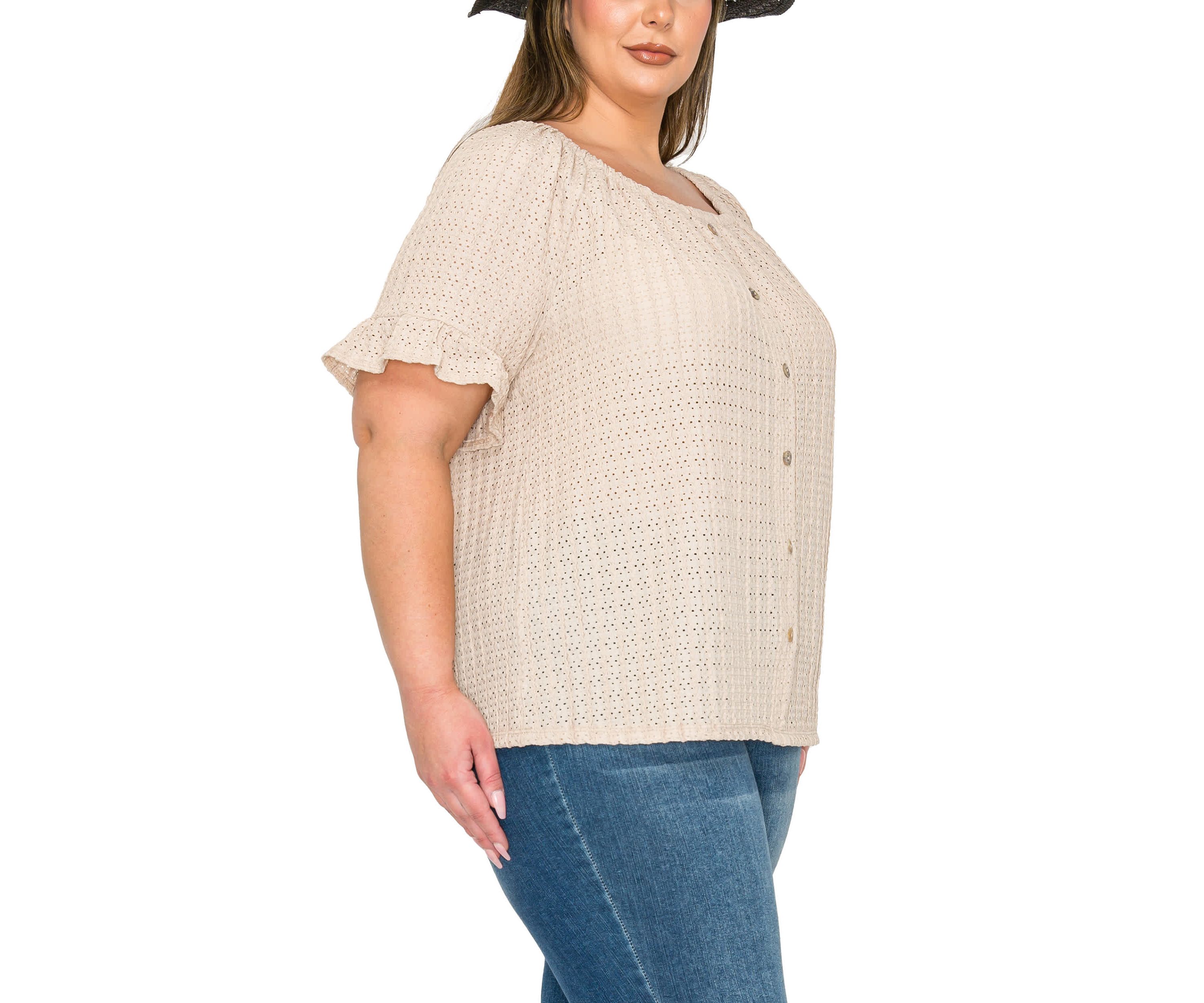 Eyelet Jersey Button Front Ruffle Sleeve Peasant