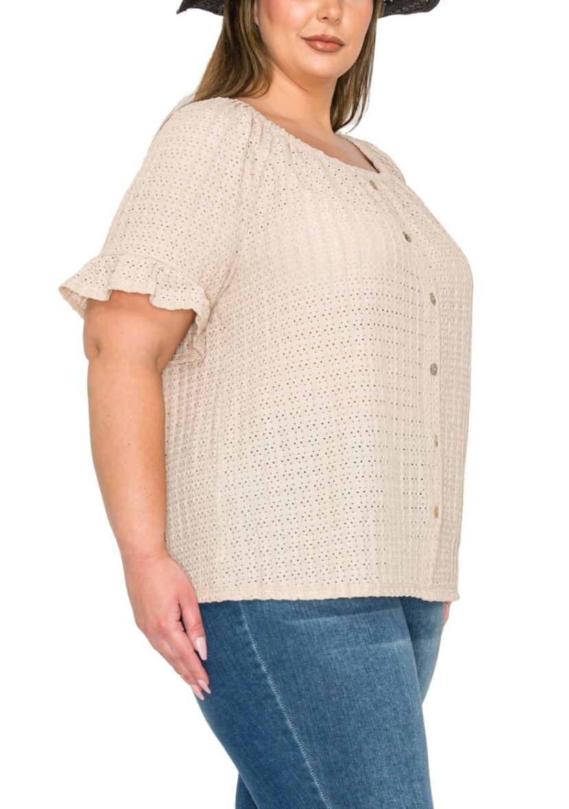 Eyelet Jersey Button Front Ruffle Sleeve Peasant