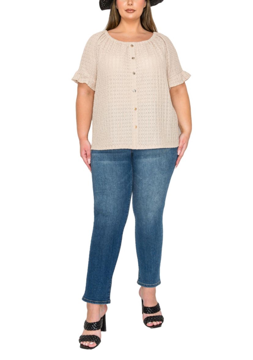 Eyelet Jersey Button Front Ruffle Sleeve Peasant