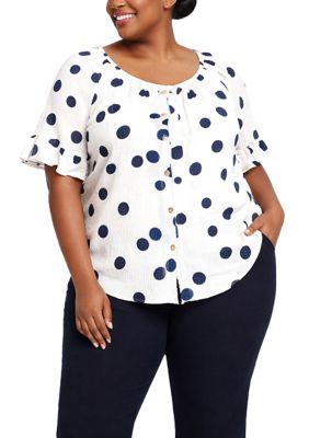 COIN1804 Women's Polka Dot Crinkle Knit Button Front Ruffle Sleeve, 1X